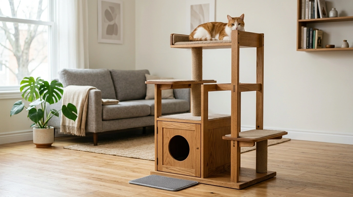Wooden Cat Tower with Hidden Litter Box & Scratcher
